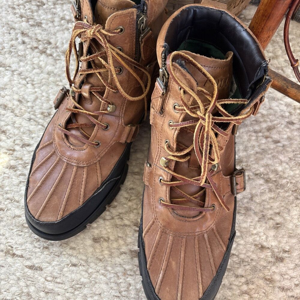 Polo Ralph Lauren Demond Duck Boots Mens 12D Brown Leather Lace-Up Buckle Zip